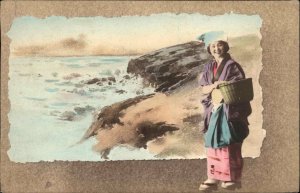 Beautiful Japanese Woman with Basket Beach Backdrop c1910 Vintage Postcard