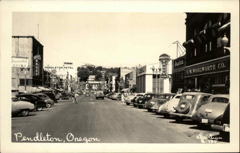 Pendleton OR Street Scene Cars Woolworth Store Real Photo Postcard