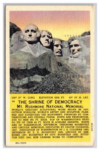 Mount Rushmore Shrine of Democracy Black Hills SD Linen Postcard Z1