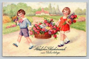 Children with Basket of Flowers Best Wishes for Your Birthday VTG Postcard 1112