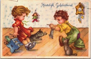 Happy Birthday, Children Playing With Cats Vintage Postcard C187