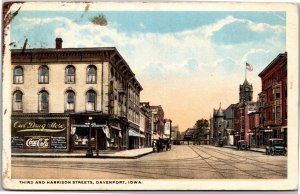 Postcard IA Davenport - Third and Harrison Street Owl Drug Coca-Cola