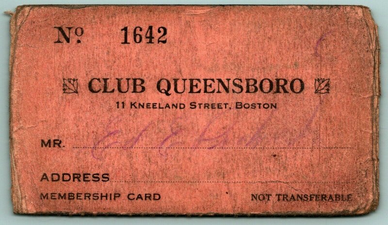 1930s Membership Card Club Queensboro Boston Massachusetts MA 11 Kneeland St G1