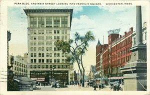 Park Bldg & Main Street Looking Into Franklin Square, Worcester MA Postcard