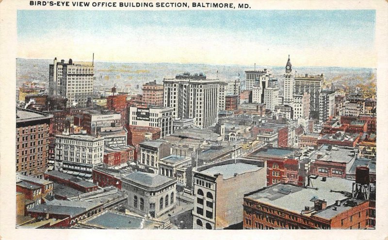 BIRD'S EYE VIEW OFFICE BUILDING SECTION BALTIMORE MARYLAND POSTCARD (c. 1915)