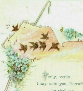 1880's Victorian Religious Card Bible Quote Hymn Birds Shepherd's Staff 7B