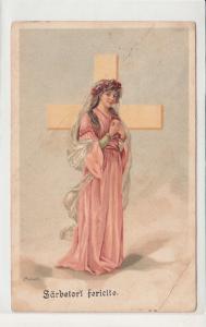 Chromo 1910 postcard Mailick Happy Holidays greetings lady & cross