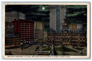 1921 Soldier's Monument City Hall And Dime Bank Building Night Detroit Postcard