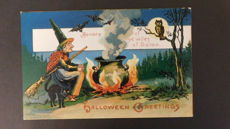 Unposted Witch, Black Cat, Broom, Bats and Bubbling Cauldron Halloween Postcard