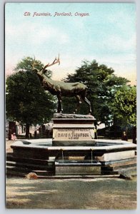 Portland Oregon~Park~Elk Fountain~Statue~David Thompson Plaque~c1910 Postcard