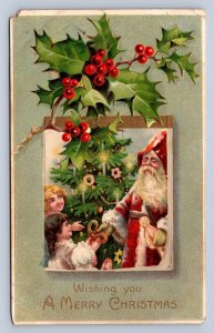 J92/ Santa Claus Christmas Postcard c1910 Children Tree Holly 136