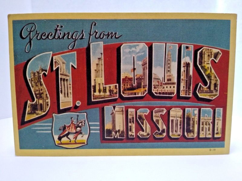 Greetings From St Louis Missouri Large Big Letter Postcard Linen 1946 Dexter