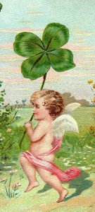 1880's Bookmark Winter & Heller Pianos Fantasy Cherub Holding 4 Leaf Clover P175