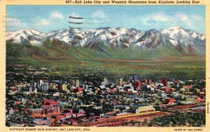 VINTAGE POSTCARD AIRPLANE VIEW OF SALT LAKE CITY AND WASATCH MOUNTAINS 1944