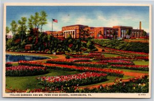 Harrisburg Pennsylvania~Italian Gardens & WM Penn High School~Vintage Linen PC