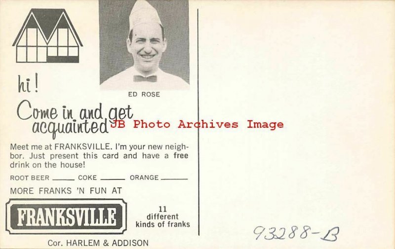 Advertising Postcard, Franksville Hot Dogs, Harlem & Addison, Chicago Illinois