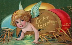 Circa 1910 Winsch Back Blue Winged Cherub Angel Colored Eggs Easter Embossed P1