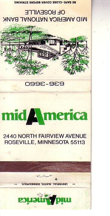 Matchbook Cover ! Mid America National Bank, Roseville, Minnesota !