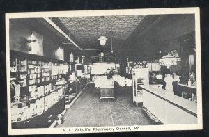 ODESSA MISSOURI AL SCHOLL'S DRUG STORE INTERIOR ADVERTISING POSTCARD MO.