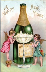 Postcard New Year - angel cupid bottle champagne glass embossed posted Norway ME