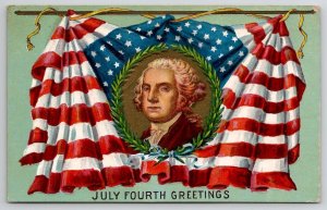 Patriotic 4th of July George Washington Portrait Draped Flags Postcard N27