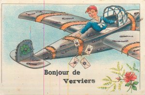 Unit of 2 vintage postcards souvenir from Verviers Belgium drawn planes greeting