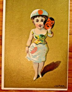 Victorian Trade Card Antique Beautiful Japanese Woman Flag Patriotic Kabuki Mask