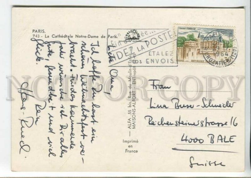 440969 France 1964 Paris Notre Dame RPPC to Switzerland cancellation advertising