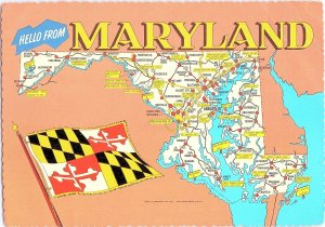 Illustrated Map Maryland with State Flag and other Key Landmarks Noted Postcard
