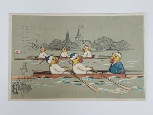 1909 Embossed Dressed Chicks on Rowing Team Boats Red Star Line Flag Easter