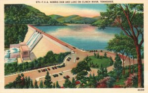 Vintage Postcard 1930's T.V.A. Norris Dam And Lake On Clinch River Tennessee TN