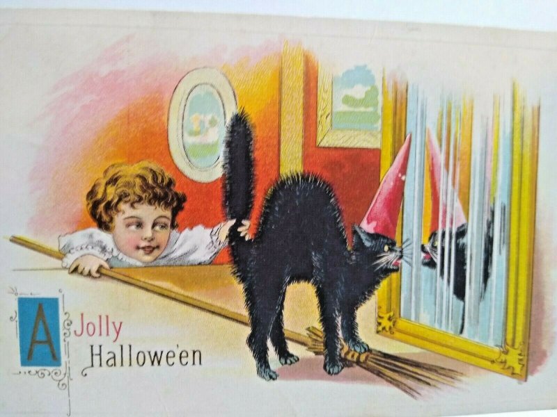 Halloween Postcard Child Grabs Black Cat By Tail 1914 Barton Spooner Series 619