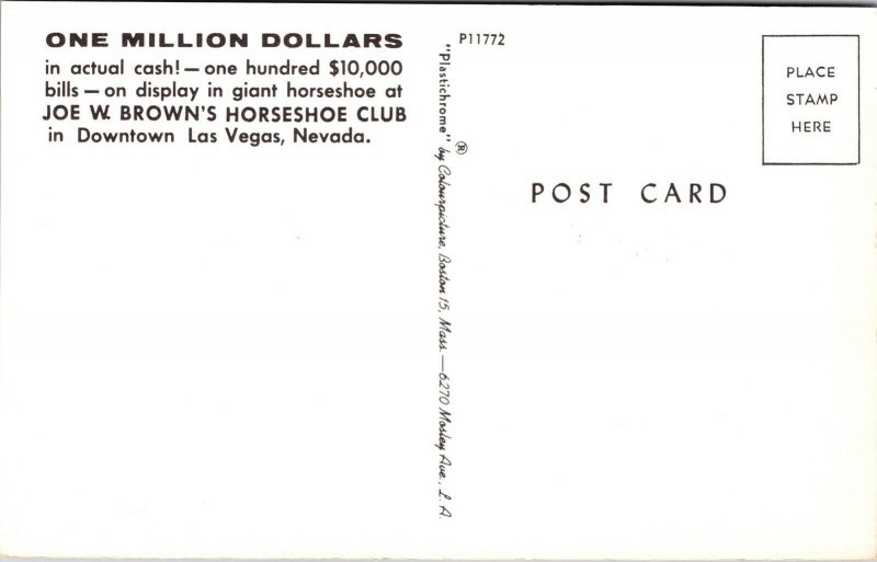 Postcard 10,000 Cash Joe W. Brown's Horseshoe Club in Las Vegas, Nevada~1055