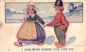 Vintage Postcard 1910's Young Lovers Girl Pulls Boy's Clothes I Think My Father