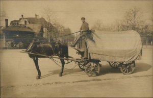 Covered Horse Drawn Wagon & Man c1910 Real Photo Postcard