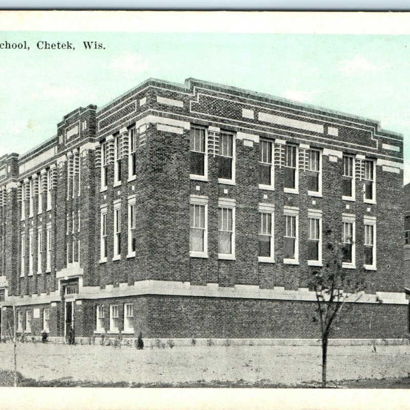 c1910s Chetek, Wis. High School Building Litho Photo Postcard E.C. Kropp Vtg A23