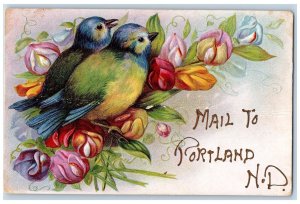 Portland North Dakota ND Postcard Mail Embossed Birds Flowers Leaves Scene 1910