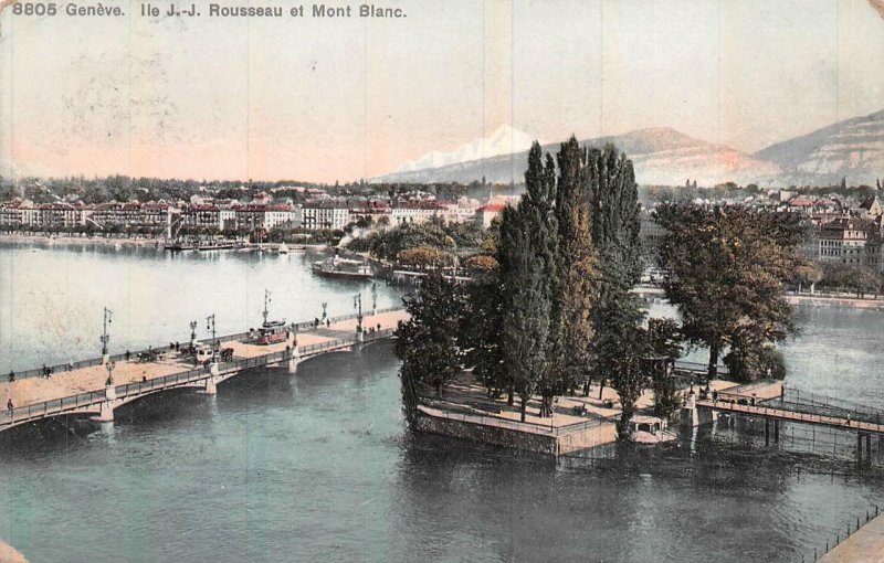ROUSSEAU OF MONT BLANC GENEVE SWITZERLAND TO USA TOWN VIEW POSTCARD 1908