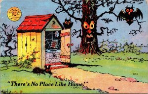 Postcard Haunted Outhouse Bat Owl Spooky Tree Full Moon Spider Halloween Theme