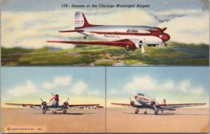Scenes at Chicago Municipal Airport Illinois IL Vintage Linen Postcard E25
