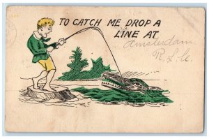 1907 Man Fishing Crocodile To Catch Me Drop A Line Amsterdam NY Antique Postcard