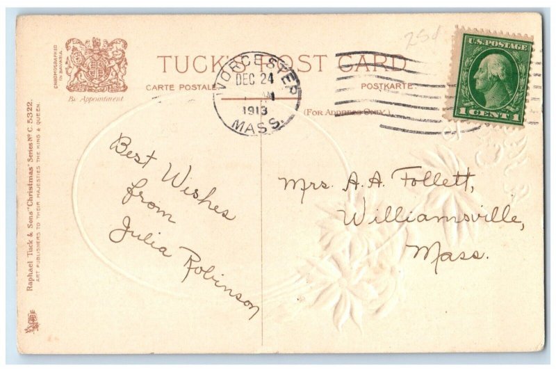 1913 Christmas Poinsettia Flowers Sheep Winter Scene Worcester MA Tucks Postcard