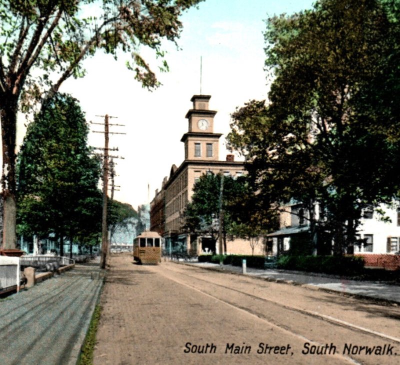 South Norwalk Connecticut Main Street Car Clock Tower Postcard