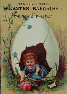 Church & Phalen's Easter Bargains Little Girl Hatching Out of Giant Egg F85