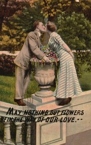 Vintage Postcard 1910 May Nothing But Flowers Way Of Our Love Couple Kiss