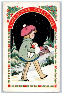 1924 Christmas Greetings Holly Girl Gift High Spring Florida FL Vintage Postcard 