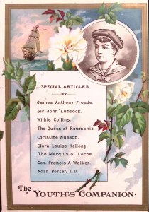 1886 THE YOUTHS COMPANION BOSTON MA SHIP BOY FLOWERS VICTORIAN TRADE CARD Z224