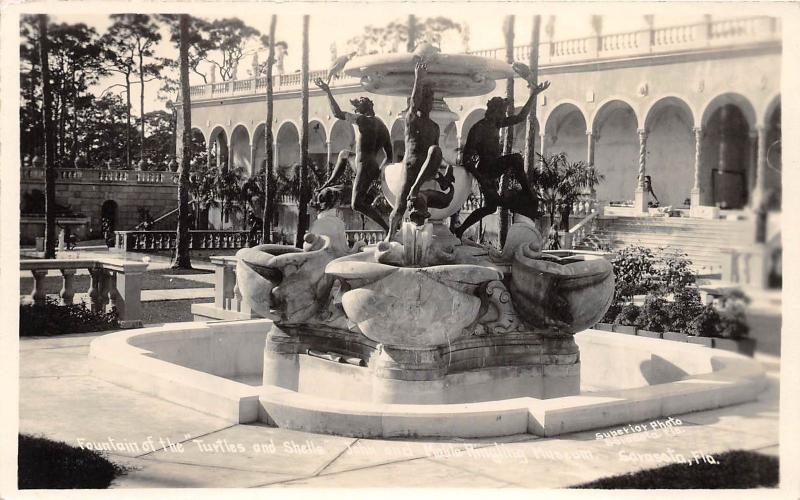 D45/ Sarasota Florida Fl Real Photo RPPC Postcard 40s Turtle and Shells Fountain