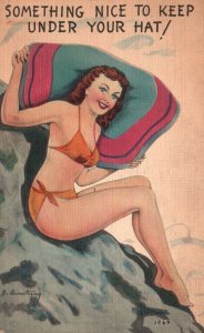 Vintage Postcard 1956 Something Nice To Keep Under Your Hat Lady In Beach Wear