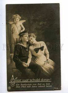 240134 Lovers SAILOR & Nude Boy CUPID Vintage PHOTO postcard